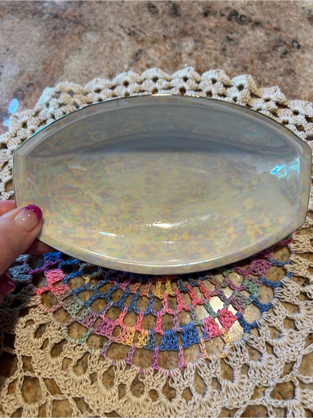 Vintage Platinum Opalescent Relish Dish 6.75” Lusterware glaze German Am. Art Co